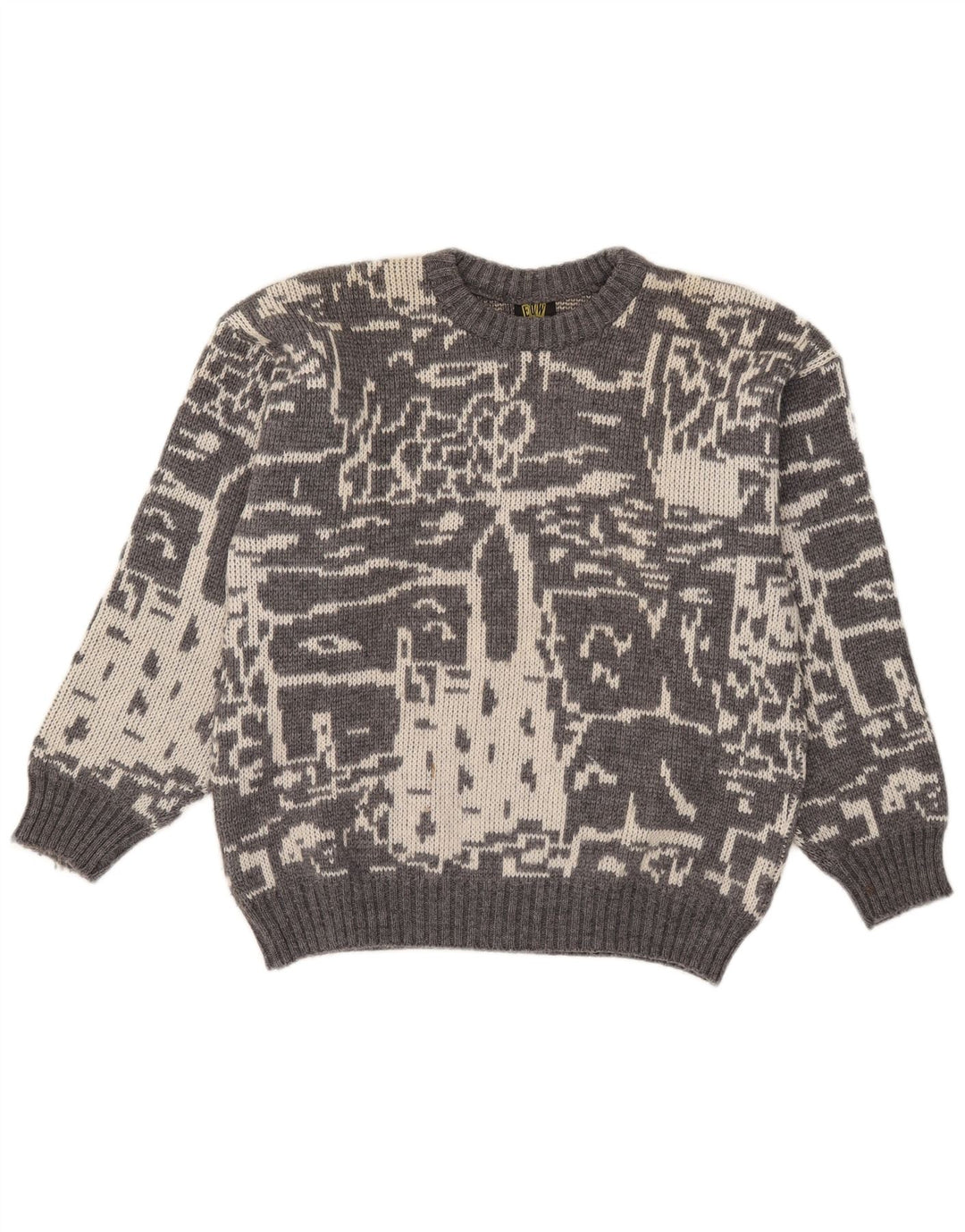 Vintage Mens Abstract Pattern Crew Neck Jumper Sweater Small Grey