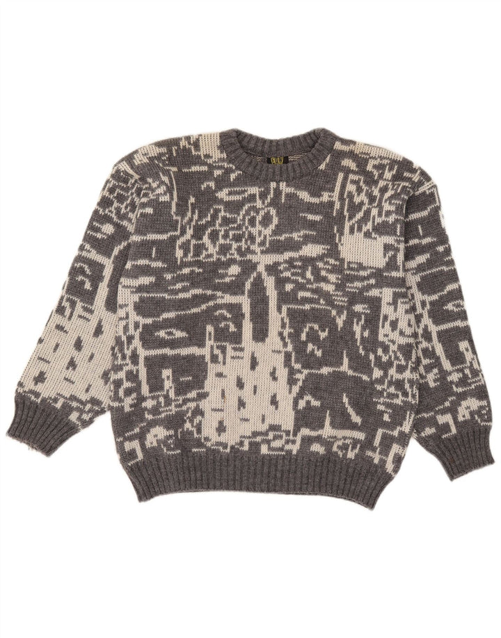 Vintage Mens Abstract Pattern Crew Neck Jumper Sweater Small Grey