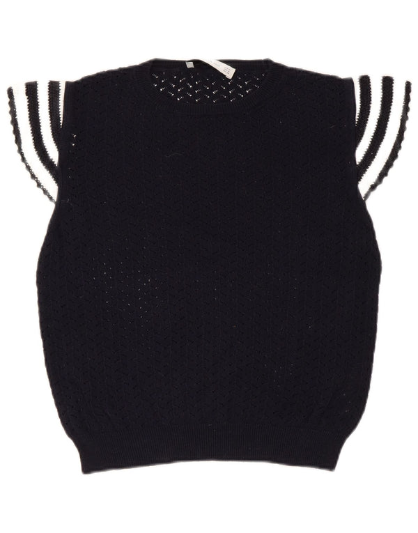 Zara Womens Crop Knit Blouse Top UK 12 Medium Navy Blue Striped Cotton