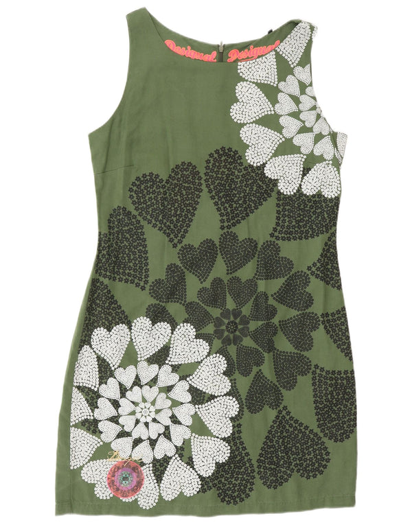 Desigual Womens Graphic Sheath Dress EU 42 Medium Green Floral Heart
