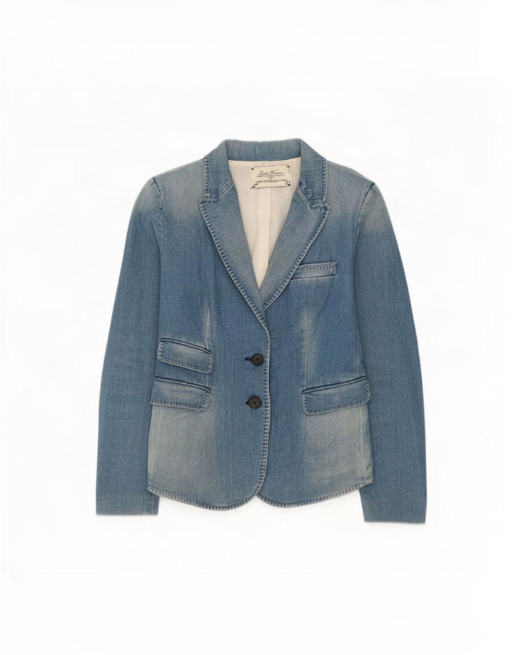 Zara Womens 2 Button Denim Blazer Jacket UK 12 Medium Blue Polyester