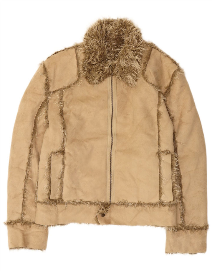 Zara Womens Sherpa Jacket UK 16 Large Beige Acrylic