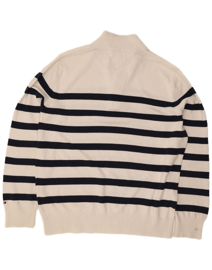 Tommy Hilfiger Mens Button Neck Jumper Sweater Large White Striped
