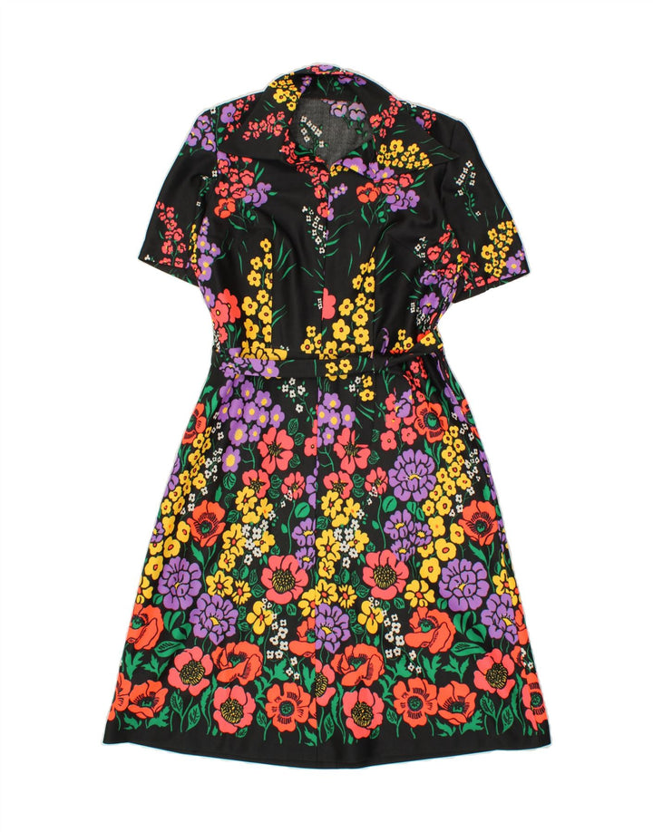 VINTAGE Womens A-Line Dress UK 14 Medium Black Floral