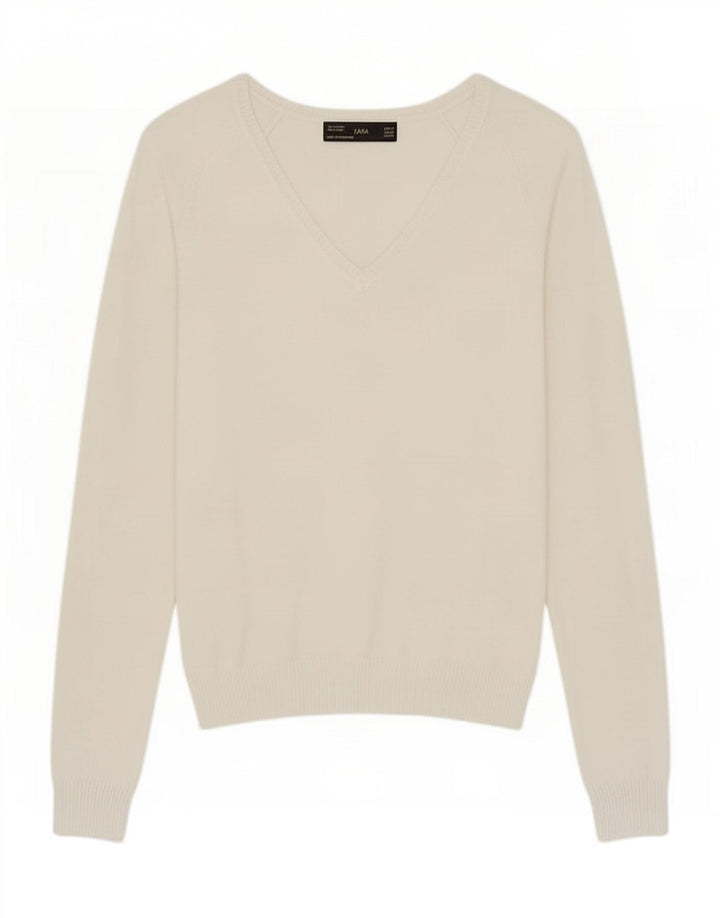 Zara Womens V-Neck Jumper Sweater UK 12 Medium White Cotton