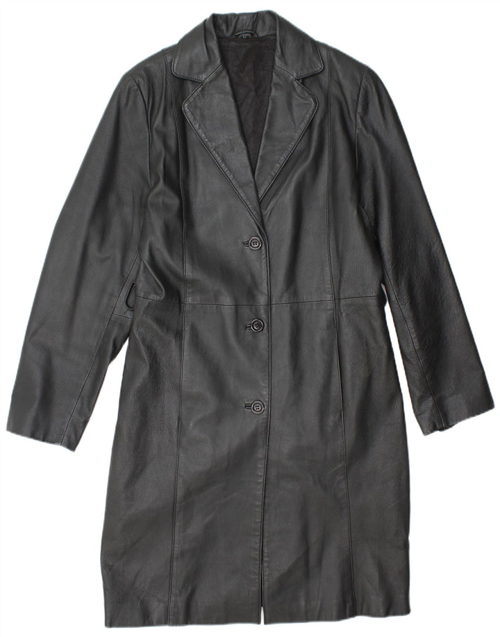 VINTAGE Womens Leather Coat UK 14 Medium Black Leather