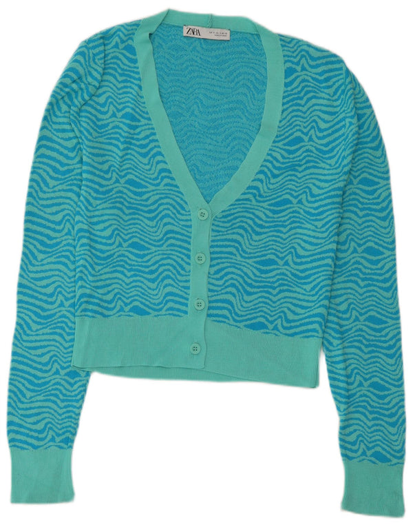 Zara Womens Cardigan Sweater UK 10 Small Blue Geometric Viscose