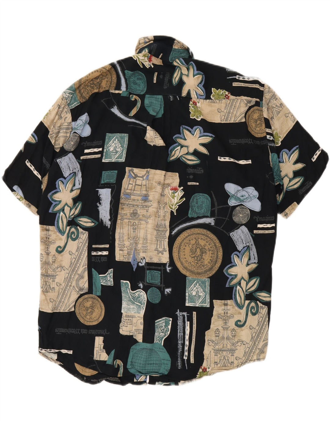 BIG MATCH  Mens Short Sleeve Shirt Medium Navy Blue Patchwork Viscose