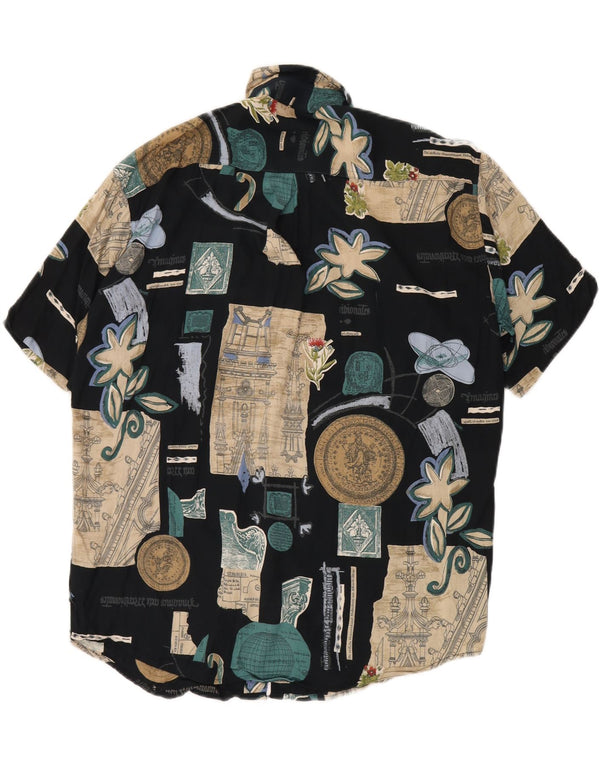 BIG MATCH  Mens Short Sleeve Shirt Medium Navy Blue Patchwork Viscose