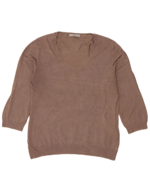 Marks & Spencer Womens 3/4 Sleeve V-Neck Jumper Sweater UK 14 Medium Beige