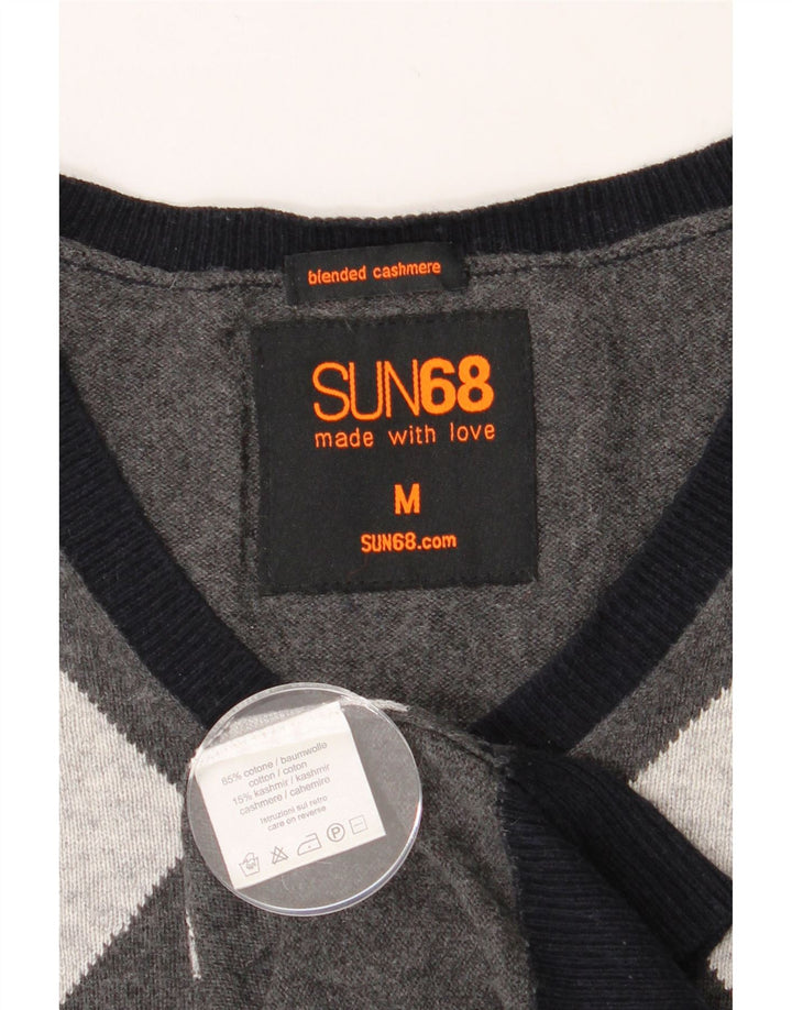 SUN68 Mens V-Neck Jumper Sweater Medium Grey Argyle/Diamond Cotton Vintage Sun68 and Second-Hand Sun68 from Messina Hembry 