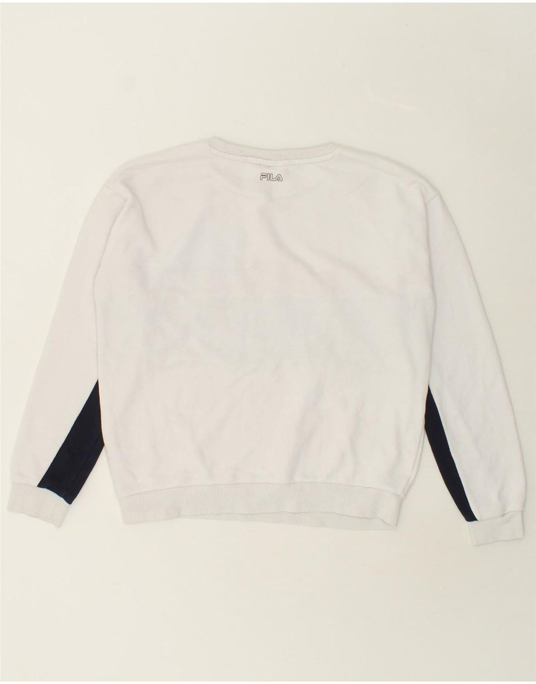 FILA Womens Graphic Sweatshirt Jumper UK 14 Medium White Colourblock Vintage Fila and Second-Hand Fila from Messina Hembry 