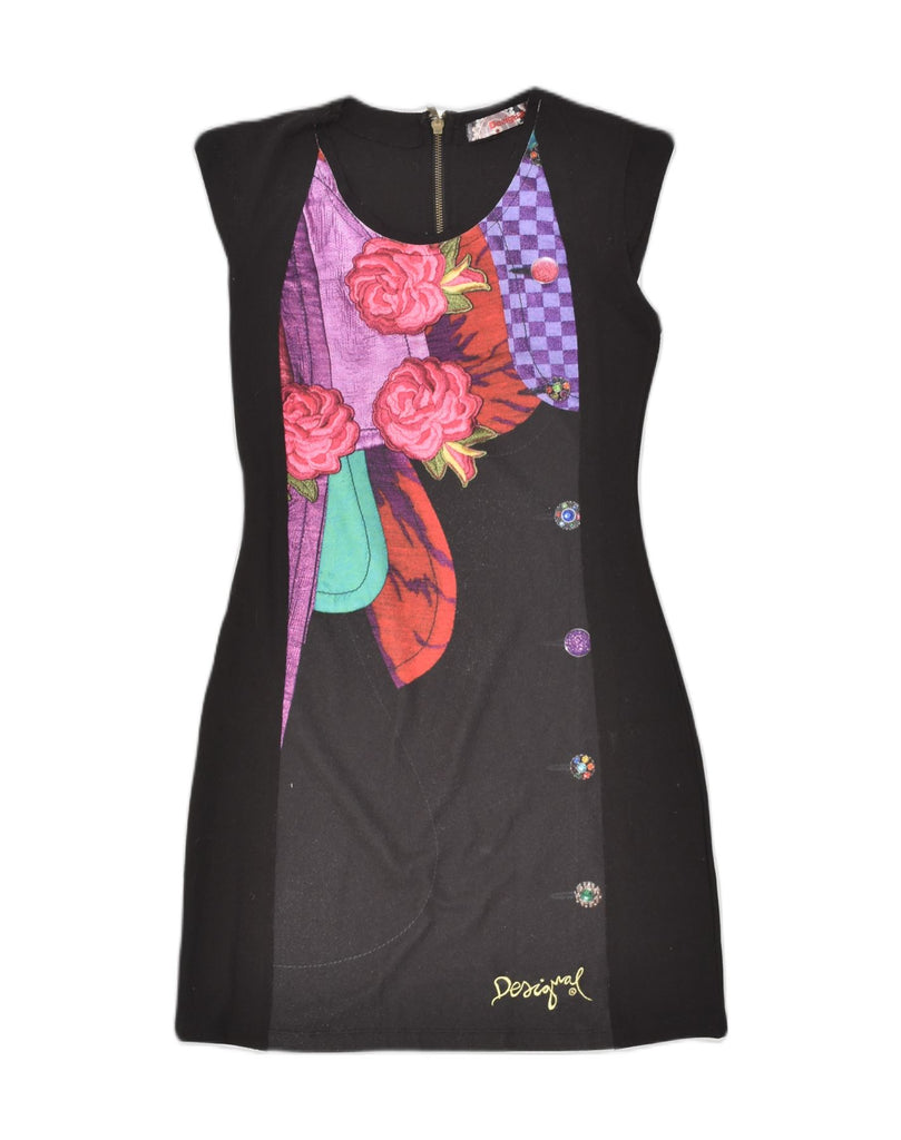 DESIGUAL Womens Graphic Sheath Dress UK 8 Small Black Floral Viscose | Vintage Desigual | Thrift | Second-Hand Desigual | Used Clothing | Messina Hembry 