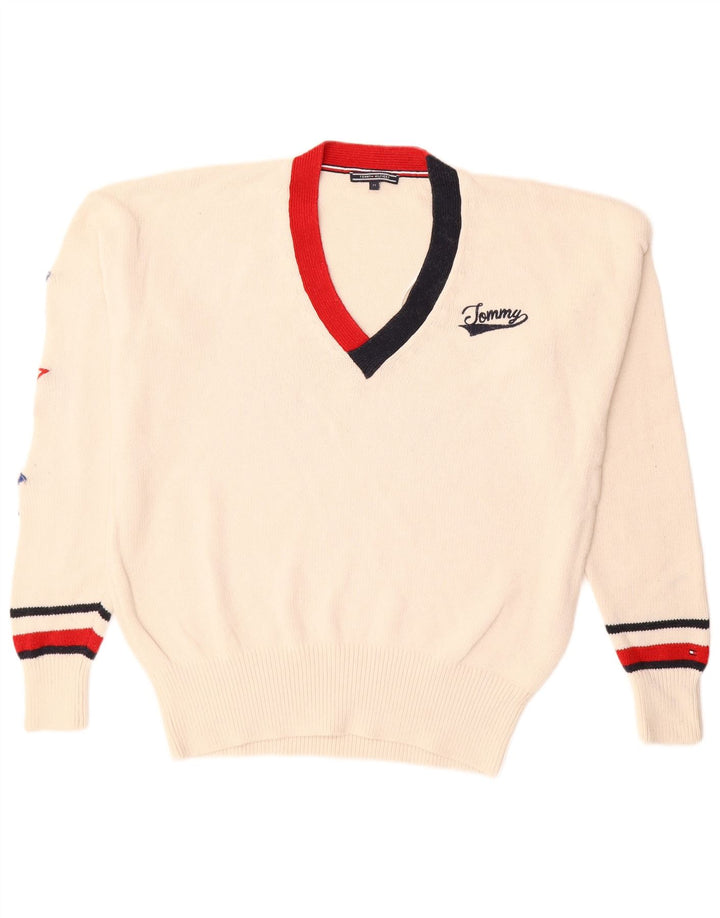 Tommy Hilfiger Mens V-Neck Jumper Sweater Medium Off White Cotton