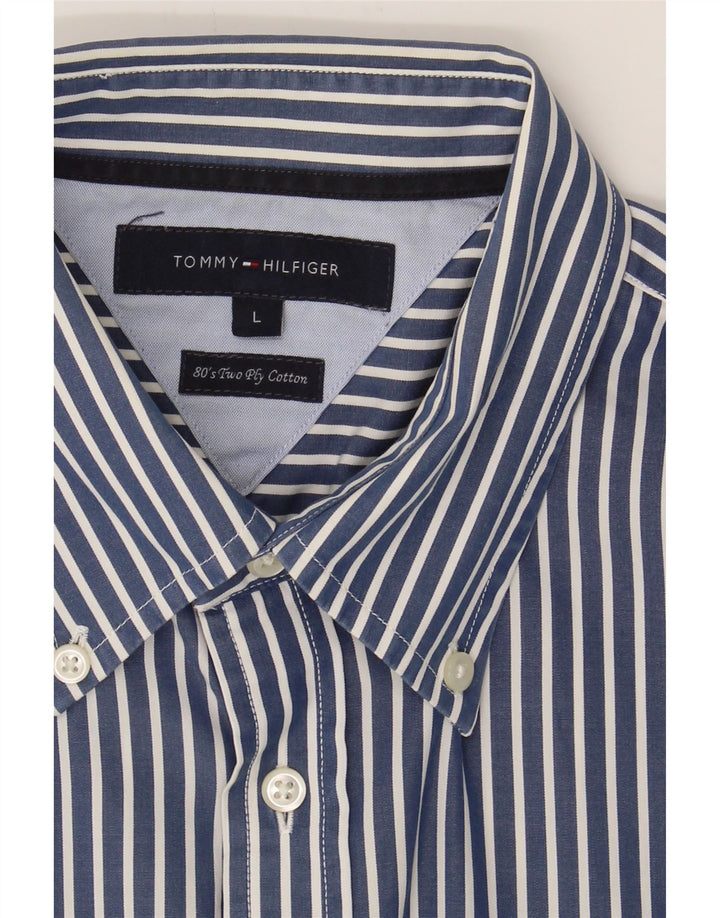 TOMMY HILFIGER Mens Shirt Large Navy Blue Striped Cotton Vintage Tommy Hilfiger and Second-Hand Tommy Hilfiger from Messina Hembry 