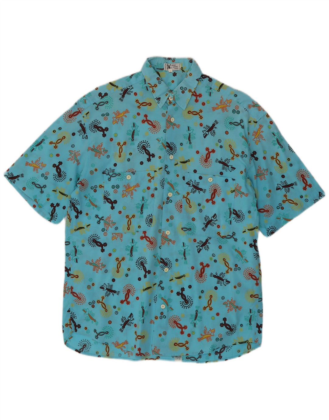 Firenze Mens Abstract Pattern Short Sleeve Shirt Size 39 15 1/2 Medium Blue