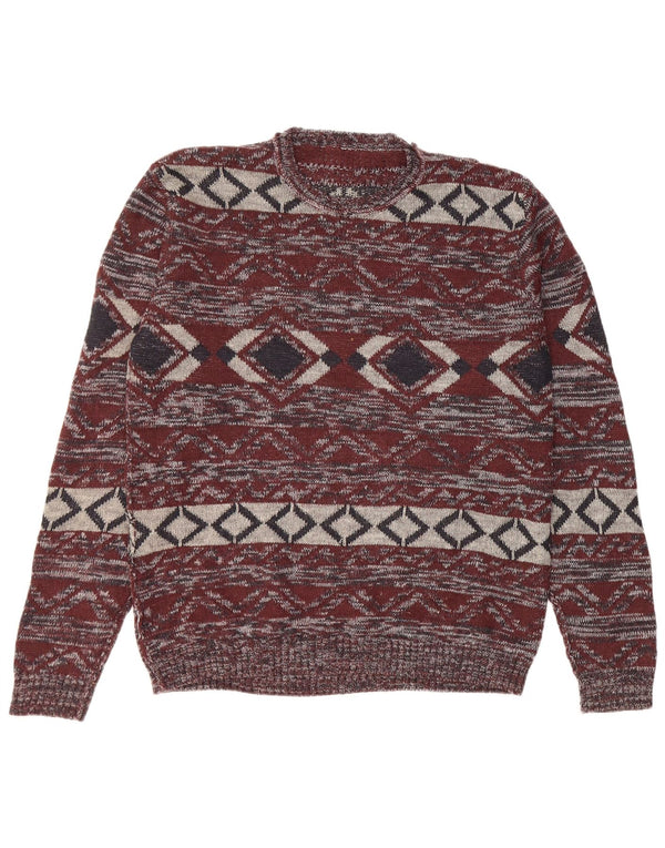 Vintage Mens Crew Neck Jumper Sweater Medium Burgundy Fair Isle