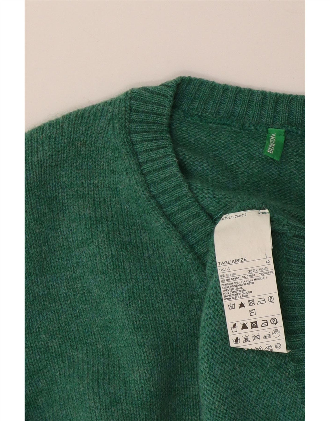 Benetton Mens V-Neck Jumper Sweater Large Green Wool