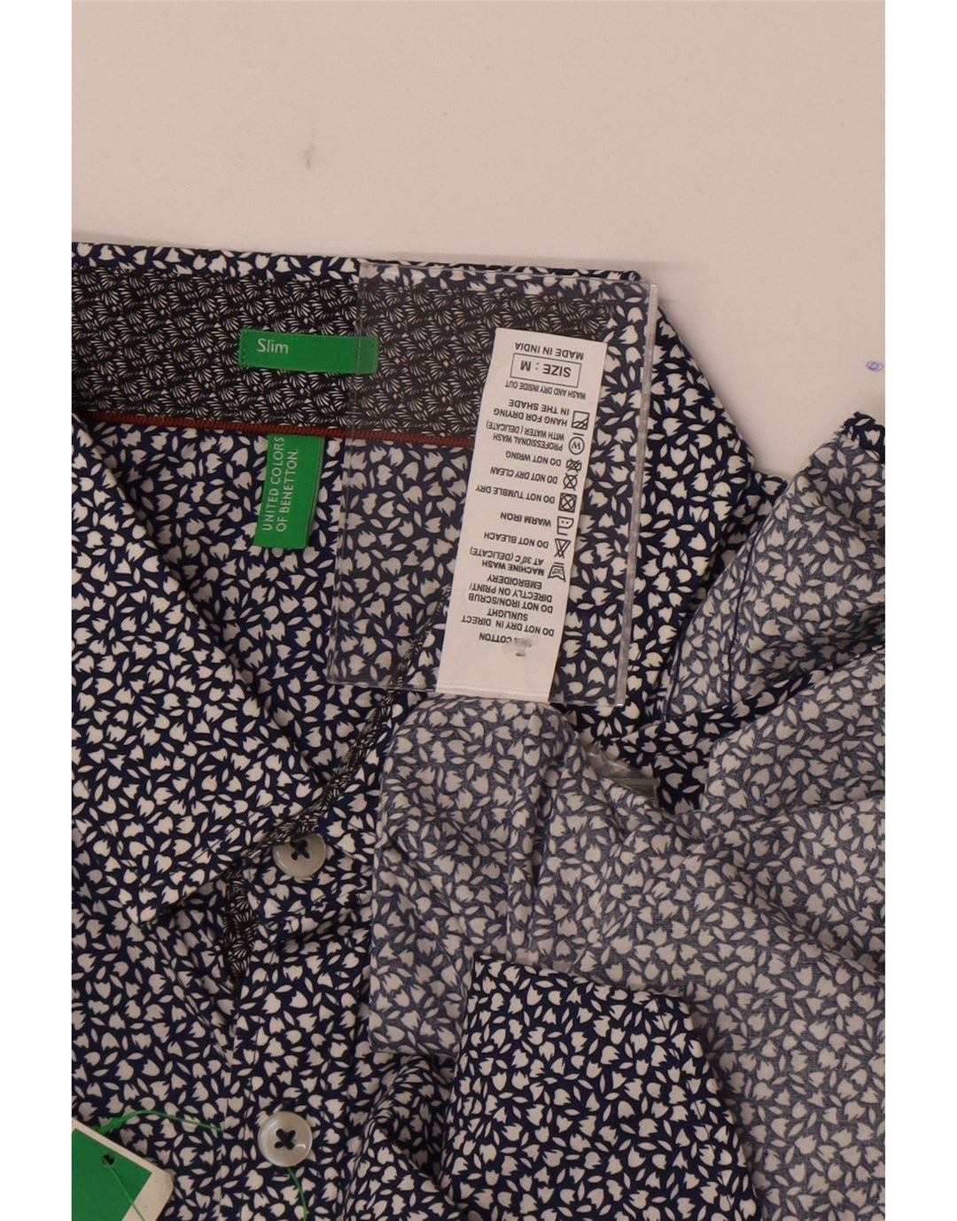 Benetton Mens Slim Fit Shirt Medium Navy Blue Floral Cotton