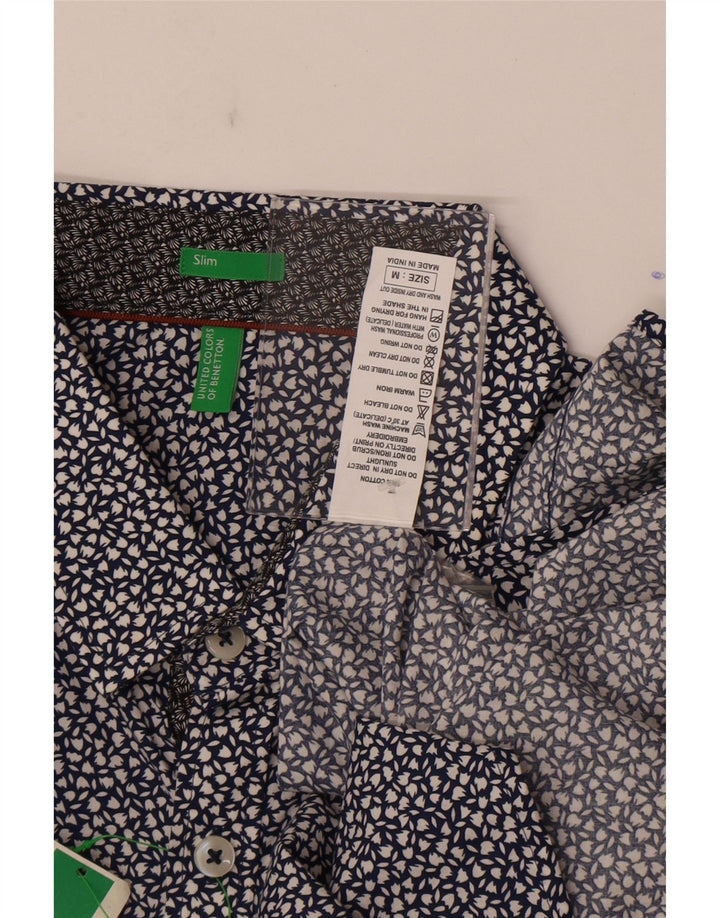 Benetton Mens Slim Fit Shirt Medium Navy Blue Floral Cotton