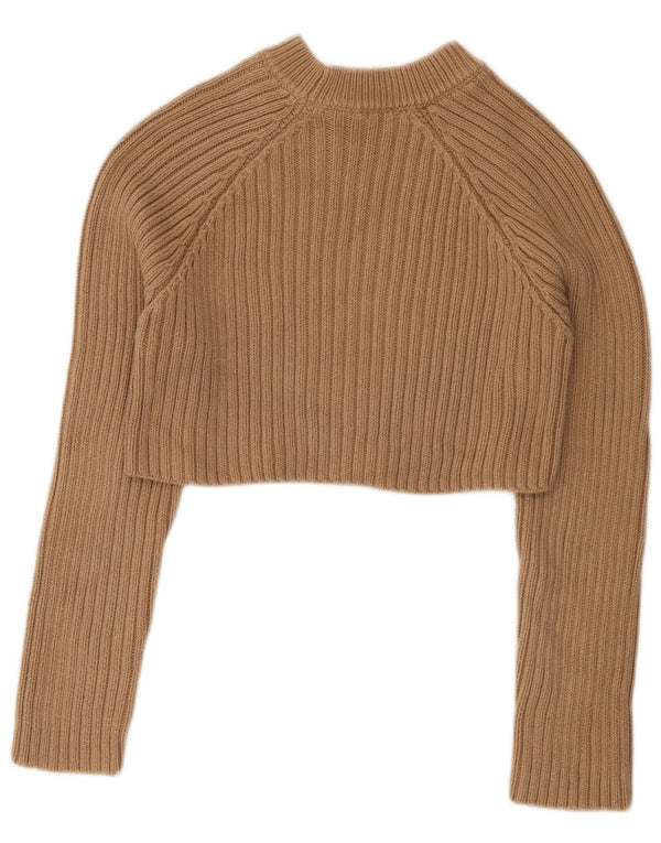 Zara Womens Crop Boat Neck Jumper Sweater UK 10 Small Beige Cotton