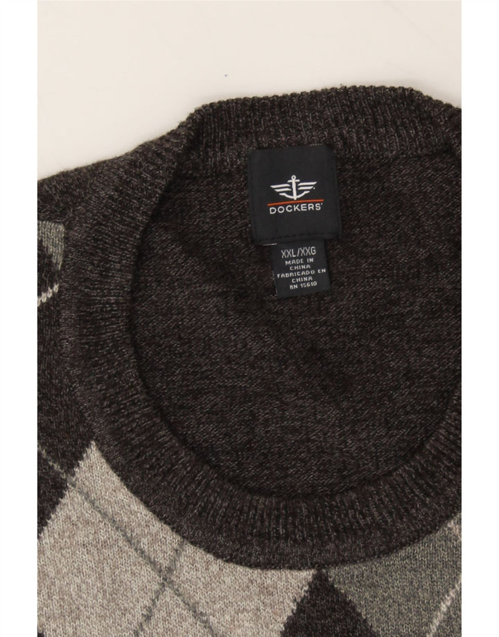 DOCKERS Mens Crew Neck Jumper Sweater 2XL Grey Argyle/Diamond Acrylic Vintage Dockers and Second-Hand Dockers from Messina Hembry 