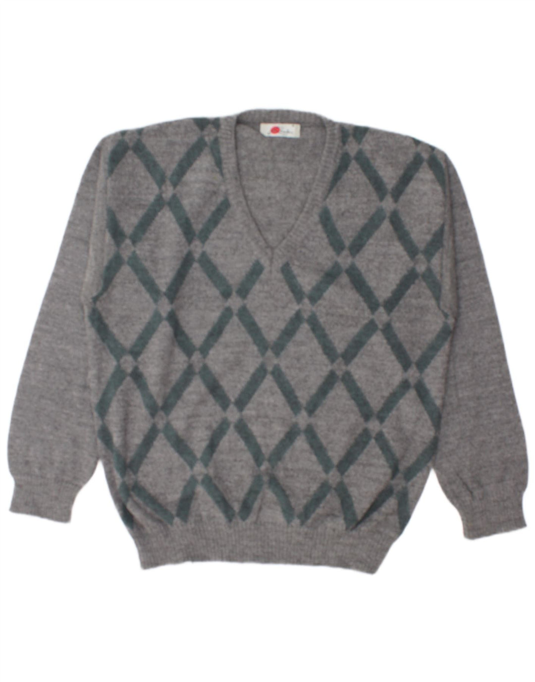 RODES Mens V-Neck Jumper Sweater Large Grey Argyle/Diamond Wool