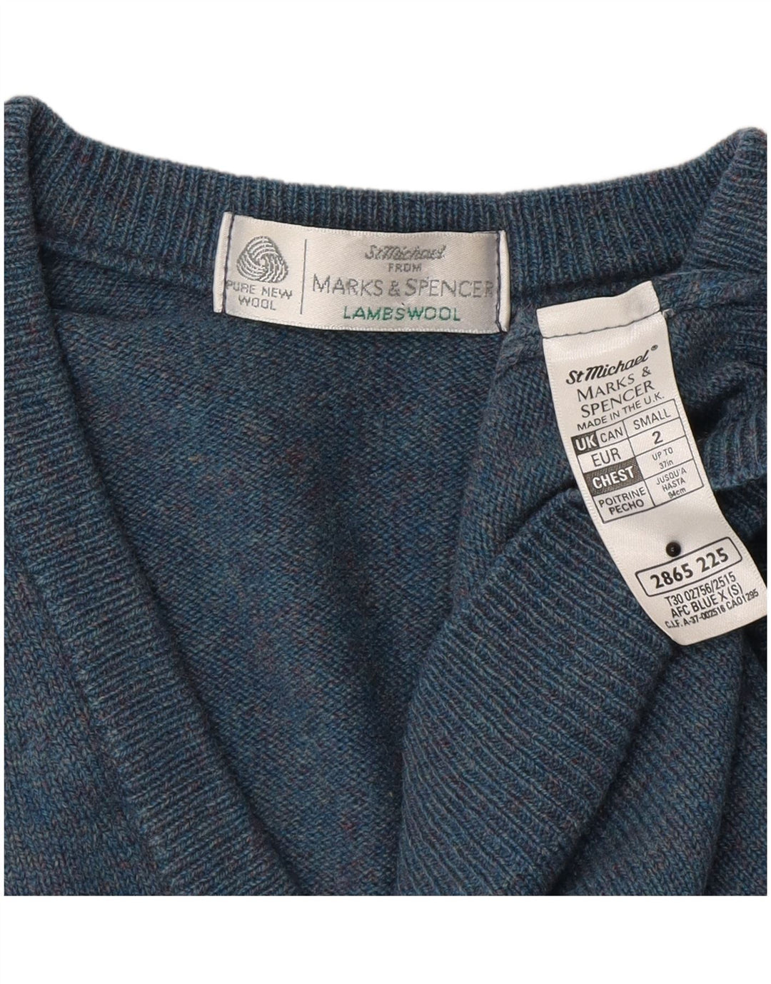 Marks & Spencer Mens V-Neck Jumper Sweater Small Blue Lambswool