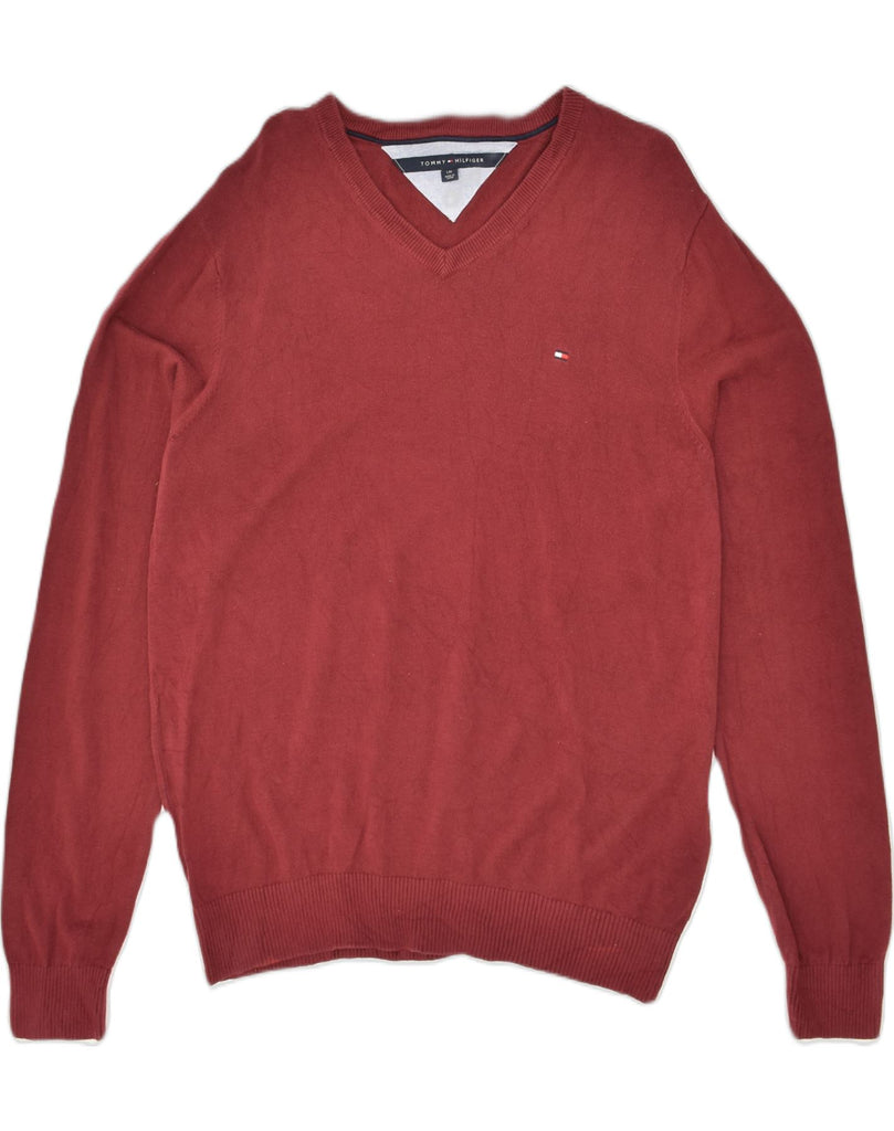 TOMMY HILFIGER Mens V-Neck Jumper Sweater Large Red Cotton | Vintage Tommy Hilfiger | Thrift | Second-Hand Tommy Hilfiger | Used Clothing | Messina Hembry 