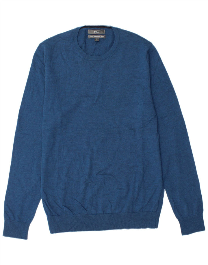 Marks & Spencer Mens Crew Neck Jumper Sweater Medium Blue Merino Wool