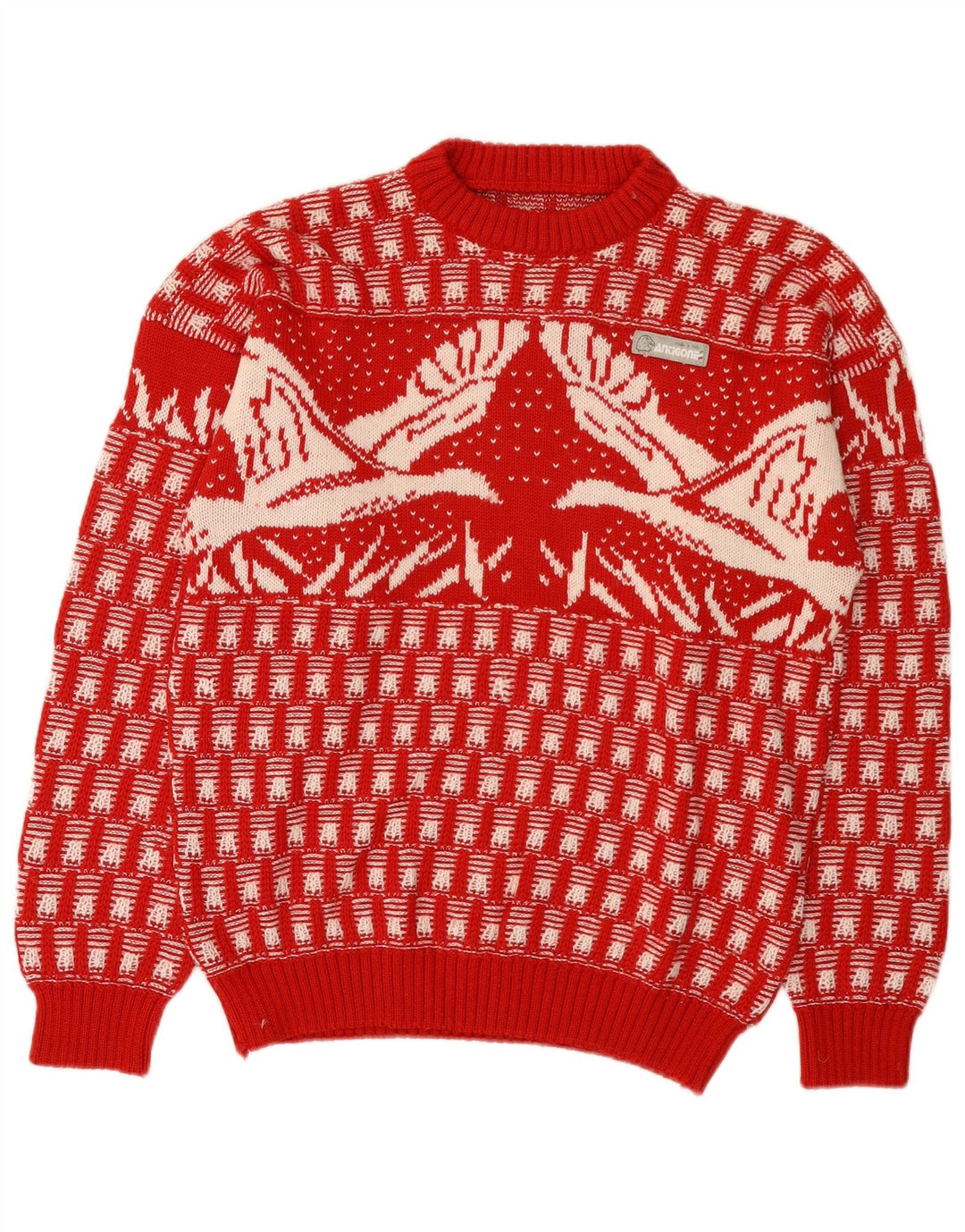Vintage Mens Crew Neck Jumper Sweater Medium Red Fair Isle Novelty