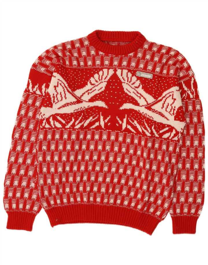 Vintage Mens Crew Neck Jumper Sweater Medium Red Fair Isle Novelty