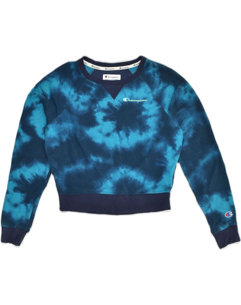 CHAMPION Womens Oversized Crop Sweatshirt Jumper UK 6 XS Blue Tie Dye | Vintage Champion | Thrift | Second-Hand Champion | Used Clothing | Messina Hembry 