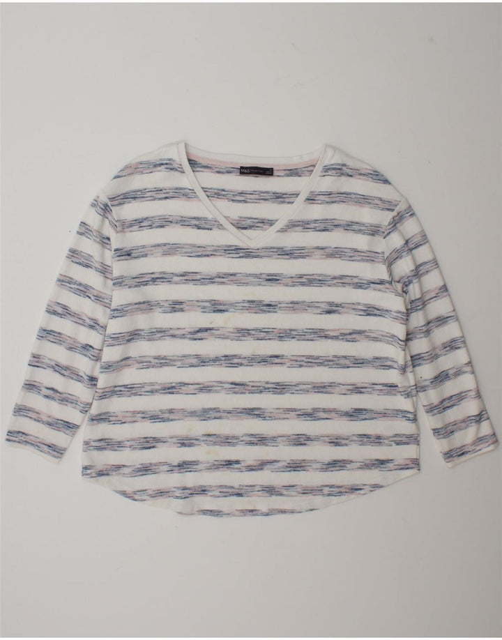 Marks & Spencer Womens Top Long Sleeve UK 18 XL White Striped Viscose