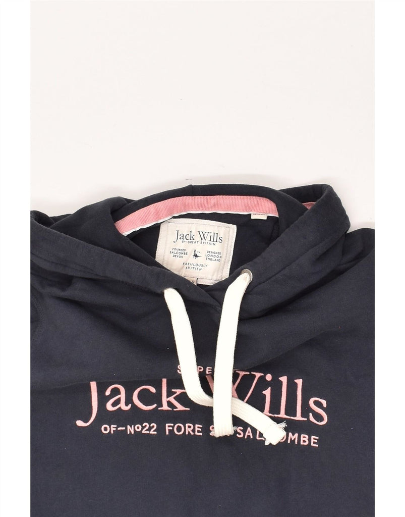 JACK WILLS Womens Graphic Hoodie Jumper UK 12 Medium  Navy Blue Cotton Vintage Jack Wills and Second-Hand Jack Wills from Messina Hembry 