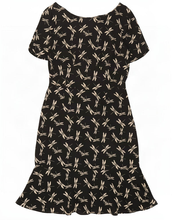 Vintage Womens Abstract Pattern Sheath Dress UK 12 Medium Black Polyester