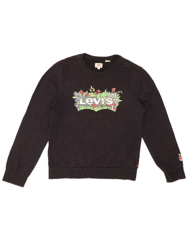 LEVI'S Womens Graphic Sweatshirt Jumper UK 10 Small Black Floral Cotton