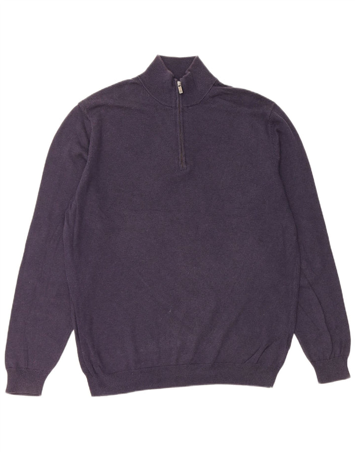 MASSIMO DUTTI Mens Zip Neck Jumper Sweater Large Navy Blue Cotton
