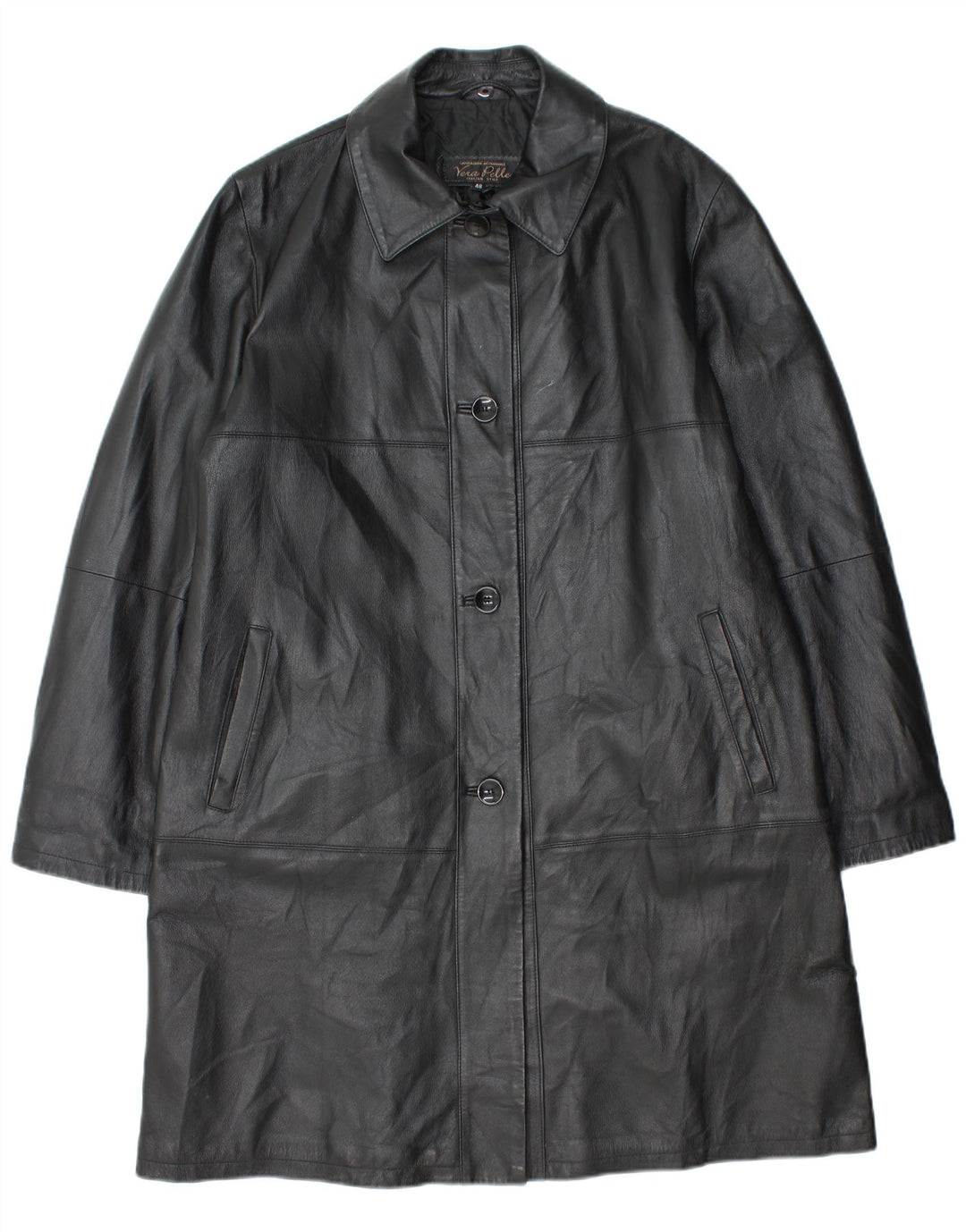 Vintage Womens Leather Coat IT 48 XL Black Leather