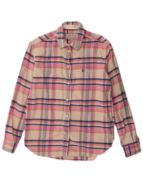 Jack Wills Womens Longline Flannel Shirt UK 10 Small Pink Plaid Cotton