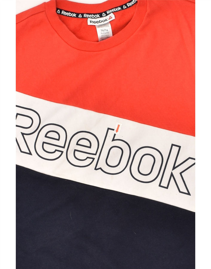 REEBOK Boys Graphic Sweatshirt Jumper 14-15 Years XL Blue Colourblock | Vintage Reebok | Thrift | Second-Hand Reebok | Used Clothing | Messina Hembry 