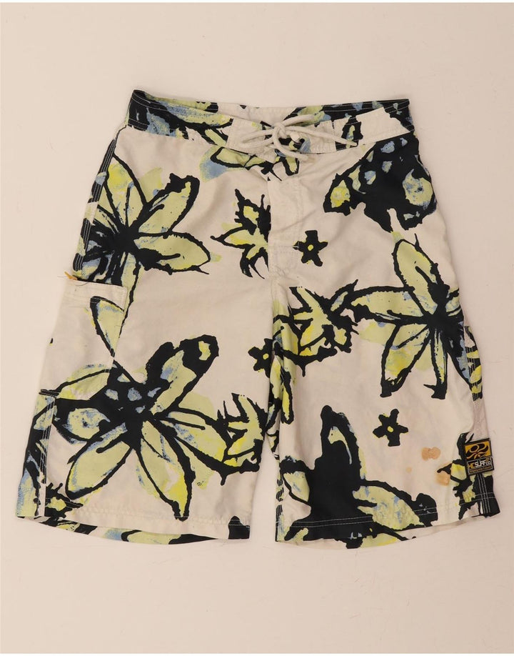 VINTAGE Mens Swimming Shorts Medium  White Floral Polyester Vintage Vintage and Second-Hand Vintage from Messina Hembry 