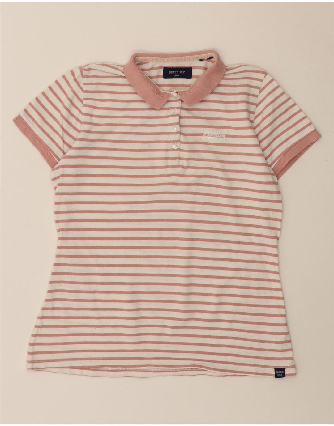 SUPERDRY Womens Polo Shirt UK 12 Medium Pink Striped Cotton