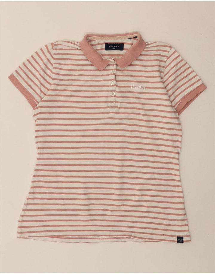SUPERDRY Womens Polo Shirt UK 12 Medium Pink Striped Cotton