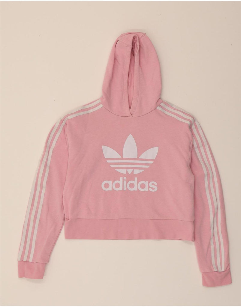 ADIDAS Girls Graphic Hoodie Jumper 13-14 Years Pink Cotton Vintage Adidas and Second-Hand Adidas from Messina Hembry 