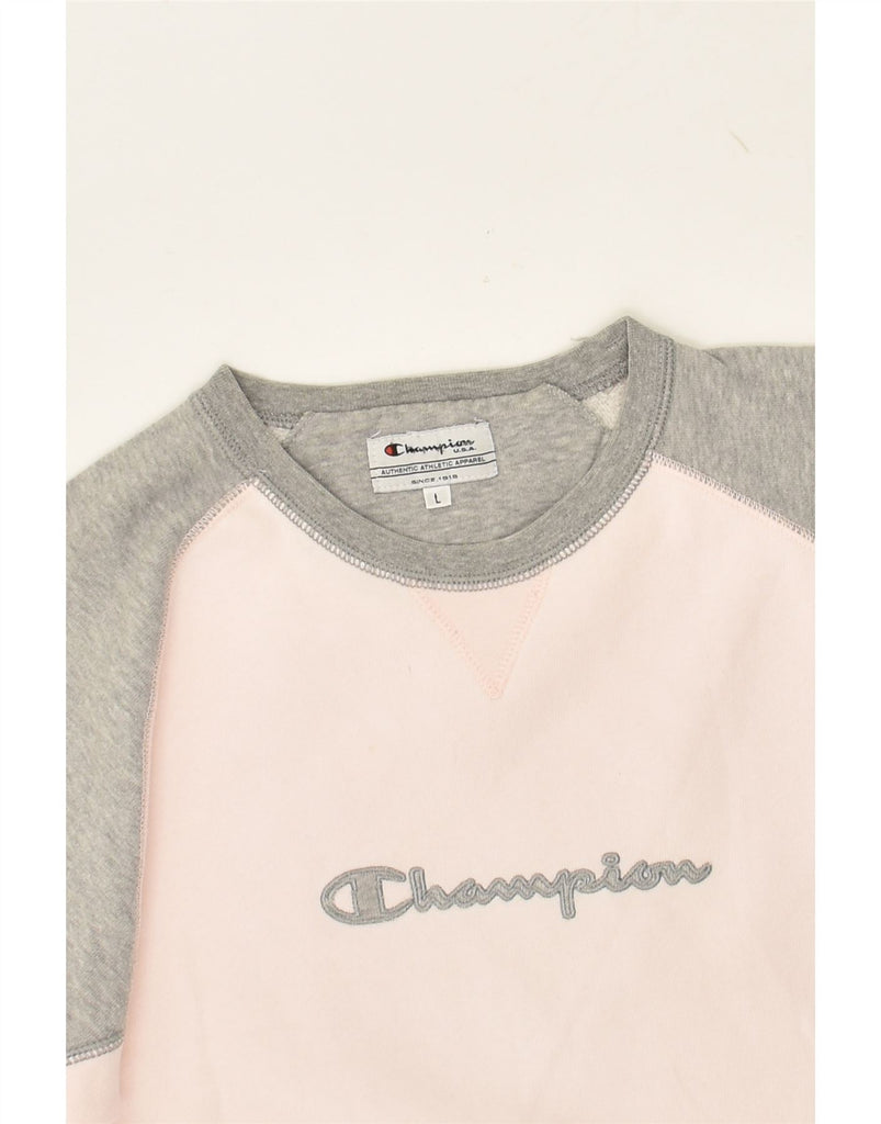 CHAMPION Womens Graphic Sweatshirt Jumper UK 16 Large Grey Colourblock | Vintage Champion | Thrift | Second-Hand Champion | Used Clothing | Messina Hembry 