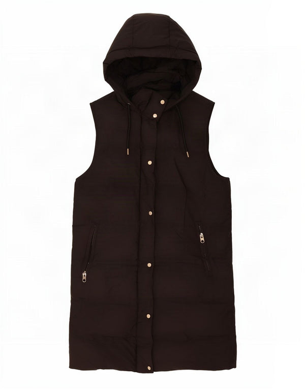Zara Womens Longline Hooded Padded Gilet UK 14 Medium Black Polyester