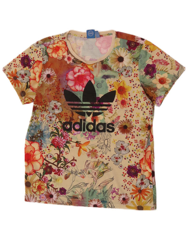 Adidas Womens Graphic T-Shirt Top UK 12 Medium  Beige Floral Polyester