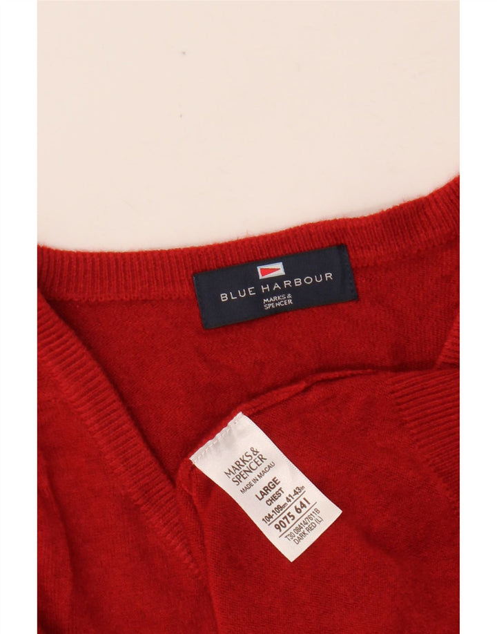 MARKS & SPENCER Mens Blue Harbour V-Neck Jumper Sweater Large Red Acrylic