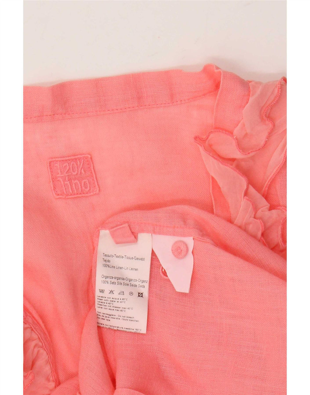 120% Lino Womens Long Sleeve Ruffle Front Blouse Top IT 46 Large Pink Linen